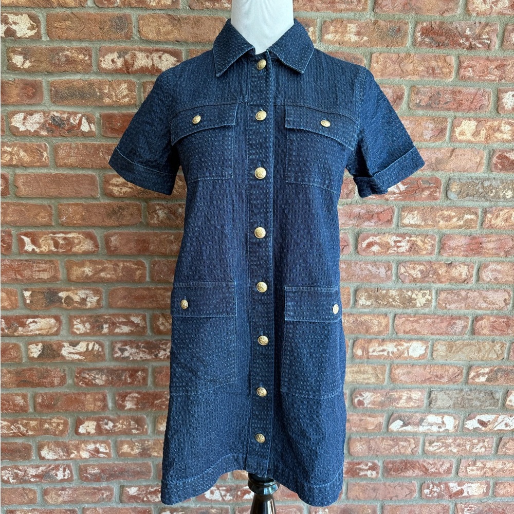 J.Crew Denim Utility Mini Dress Gold Button Pocket NWOT Size 6